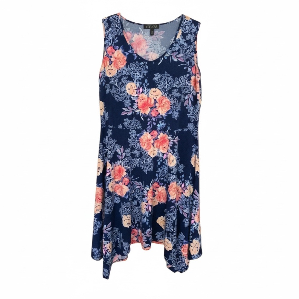 Artizan floral on navy summer dress w asymmetrical hem, packable,  light weight
